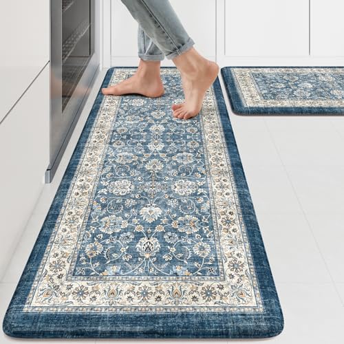 KIMODE Anti Fatigue Kitchen Mats, Boho Vintage Blue Kitchen Rugs Sets of 2