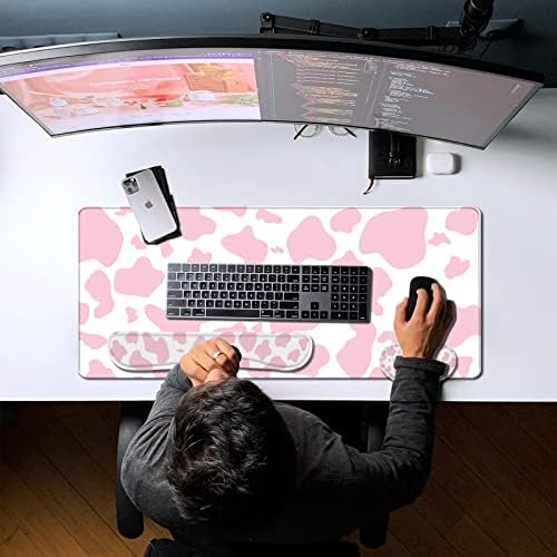 3Pcs Large Gaming Mouse Pad Desk Mat,Keyboard Mouse Wrist Rest Support Set,Extended Laptop Mouse Pad Memory Foam Non-Slip Base for Gamer Home Office(31.5x15.7in)-Pink Cow Pattern