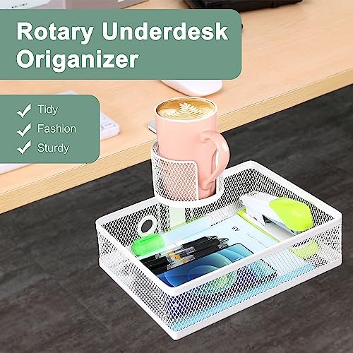 ROSYLINE Rotary Under Desk Storage Organizer with Cup Holder & Drawer Tray