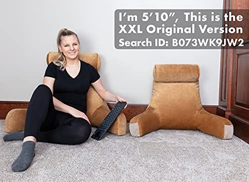 Husband Pillow Medium Reading Pillow with Arms - 23" Backrest for Sitting Up in Bed - Firm Support Bed Rest Pillow for Adults, Neck Roll, Removable Cover - TV, Reading, Lounging - Tan