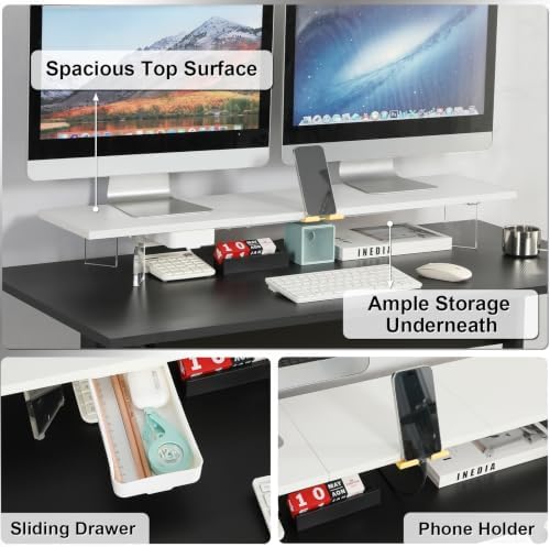 TEAMIX White Dual Monitor Stand with Acrylic Leg & Drawer & Phone Holder