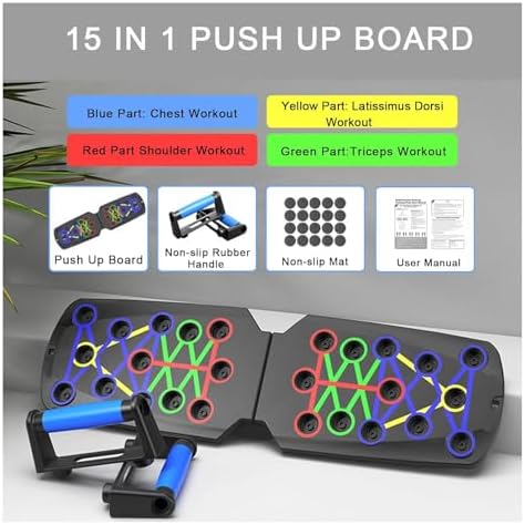 Push Up Board for Men - 15-in-1 Foldable Pushup Board with Push Up Bar, Handles & Bands, Portable Home Gym & Workout Equipment for Chest Exercise, for Teen Boys 16-18 & Gym Lovers