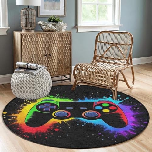 Large Home Decor Mat, Soft Round Yoga Carpet, Non Slip Machine Washable Kitchen Office Circle Rug Gaming Video Game Cool Games
