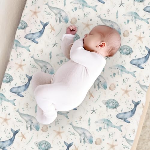 Ocean Animals Baby Changing Pad Cover,Unisex Watercolor Sea Turtle Whales Starfish Nursery Diaper Changing Table Pad Mat Sheet for Boys Girls-16x32