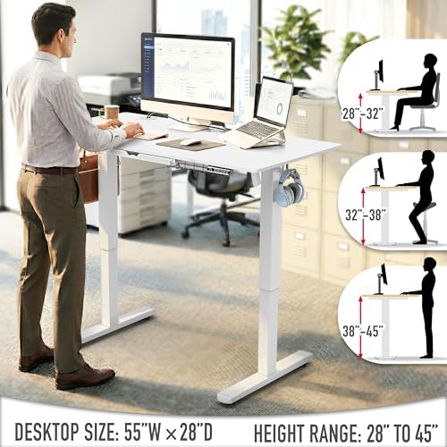 SHW 55 x 28 Electric Height Adjustable Standing Desk w/Drawer, White