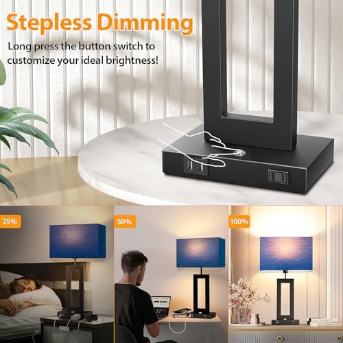 3 Color Temperatures Table Lamps for Bedrooms Set of 2, 22’’ Touch Control Bedside Nightstand Lamps with 2 USB Ports & AC Outlet, Stepless Dimmable Lamps with Blue Shade, Modern Decor for Living Room