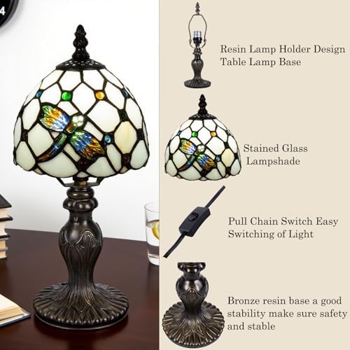Small Tiffany Table Lamp, 3 Color-Temperature Dragonfly Stained Glass Lamp,6 Inch Tiffany Style Lamp for Bedroom Living Room Home, Handcrafted Light, Included Bulb (Warm White)