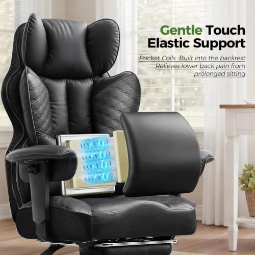 GTPOFFICE Big and Tall Office Chair 400LBS Wide Seat Computer Gaming Chair with Footrest & Comfy Lumbar Support, Leather High Back Executive Chair with Ergonomic Pressure Relief Seat Cushion, Black