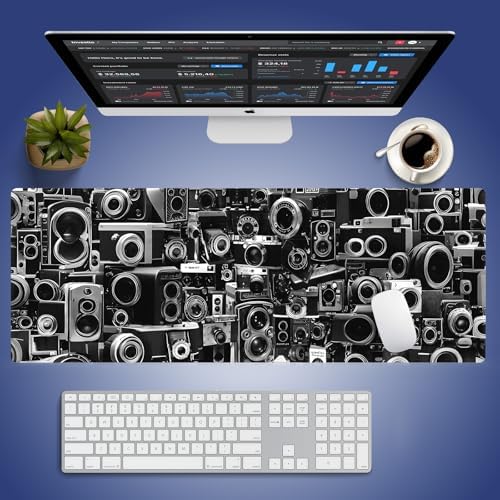 Retro Camera Collection Large Mouse Pad, Montage Design Dark Grey Desk Mat