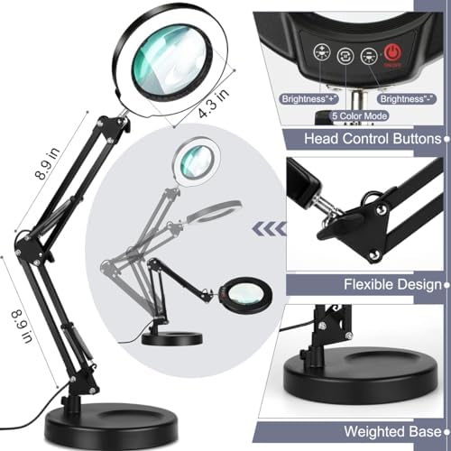 12X Magnifying Glass with Light, Krstlv Upgrade Button 5 Color Modes Stepless Dimmable 2-in-1 LED Lighted Desk Lamp & Clamp, Hands Free Magnifier with Light and Stand for Craft Hobby Repair Close Work