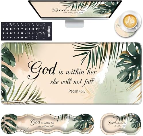Keyboard Wrist Rest and Mouse Pad with Wrist Support Set Ergonomic Coaster,Memory Foam,Easy Typing Pain Relief,Large XL Desk Mat 31.5"x 11.8",Matcha Green Plant Abstract Bible Verse Psalm 46-5