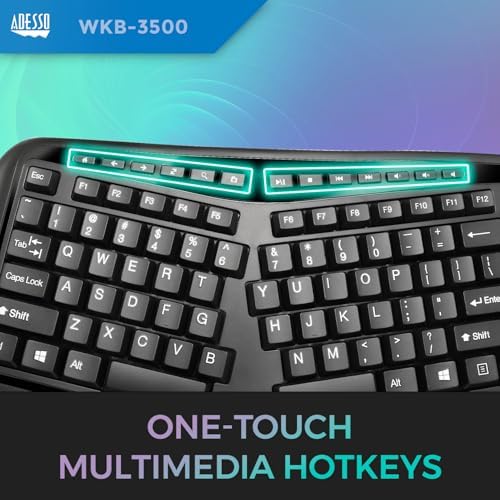 Adesso 2 in 1 Wireless Ergonomic Keyboard, WKB-3500UB, Black