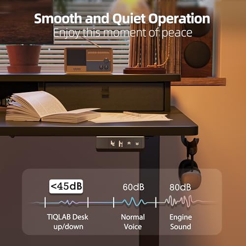 TIQLAB Standing Desk with Two Drawers, Stand Up Standing Desk Adjustable Height, Electric Sit Stand Table with Storage Shelf and Splice Board, 48 * 24 inch, Black