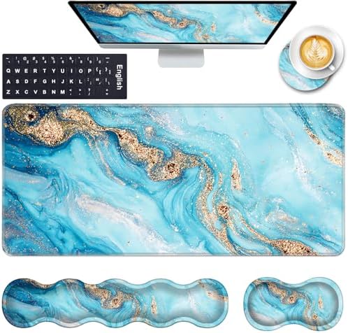 Keyboard Wrist Rest and Mouse Pad with Wrist Support Set Ergonomic Coaster,Memory Foam,Easy Typing Pain Relief,Large XL Desk Mat 31.5"x 11.8",Abstract Marble Texture
