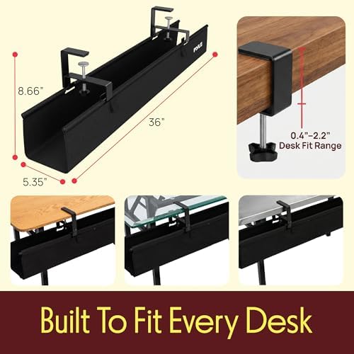 Pyle 36" Under Desk Cable Management Tray, Under Desk Wire Organizer with Clamp or Screw Mount, Desk Cable Organizer with Fabric Design for Large Workstations, Built-in Ties, 20 lb Capacity, Black