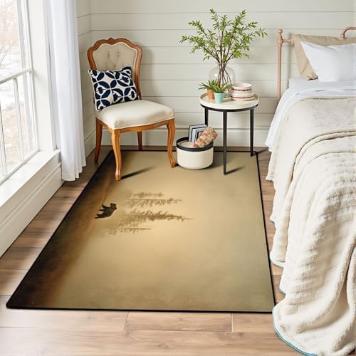 Solitary Bear Amidst Autumn Pine Trees Soft Earth Tones Area Rug Outdoor Patio Rug Play Mat Modern Floor Carpet Non-Slip Home Decor Living Room Kids Bedroom Nursery, 3x5 ft