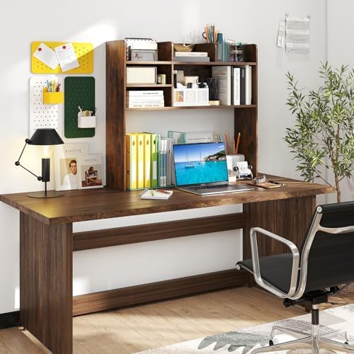 GIANTEX Desktop Bookshelf, 37" Desk Hutch Dorm for Computer Up to 32 Inch, Countertop Hutch w/6 Storage Shelves, 3-Tier Desktop Organizer Display Rack, Wood Desk Shelf for Home Office (Rustic Brown)