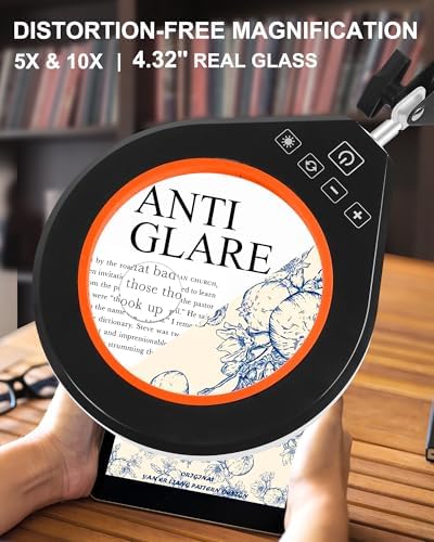 Real Glass Magnifying Lamp, 10X/5X, 10 Brightness, LED, Long Arm, Orange