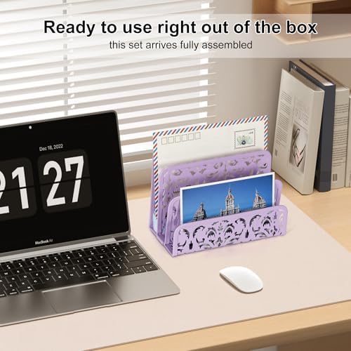 EasyPAG Mail Organizer Countertop 2pc Desk Mail Sorter for Envelope 3-Slot Vertical Letter Holder for Office, Home, School, Purple