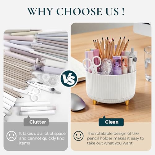 KONVINIT Pencil Pen Holder for Desk, 5 Slots 360-Degree Rotating Desktop Organizer, Cute Desk Organizers and Accessories for School, Home, Office and Art Supply, White
