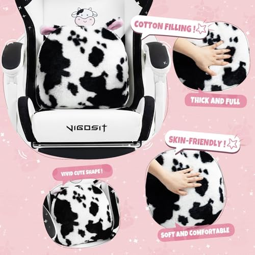 Gaming Chair, Cute Cat Gaming Chairs with Paw Lumbar Cushion for Girls, Video Gamer Chair with Footrest for Girl Teen Woman (WhiteBlack-A)