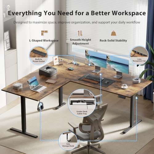 Agilestic 63x55 Inch L Shaped Electric Standing Desk, Corner Workstation, Rustic Brown