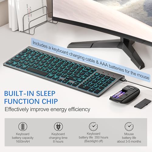 Wireless Backlit Keyboard and Mouse Ultra Slim Combo, TopMate - Gray Black