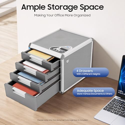 Desk Organizer with 4 Drawers, Desktop Metal Desktop Storage Cabinet with 2 Pcs Keys & Convenient Label, Filing Case Literature Organizer for Offices Homes,12.4x13.8x11.7In