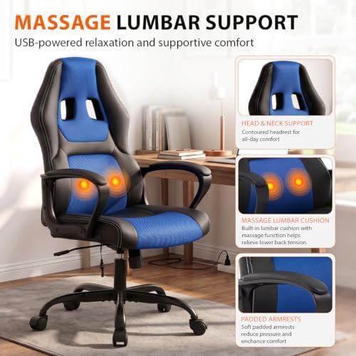 Office Chair Gaming Chair Ergonomic Massage Chair PU Leather Executive Seat with Swivel Base, Massage Lumbar Support, and Padded Armrests (Blue)