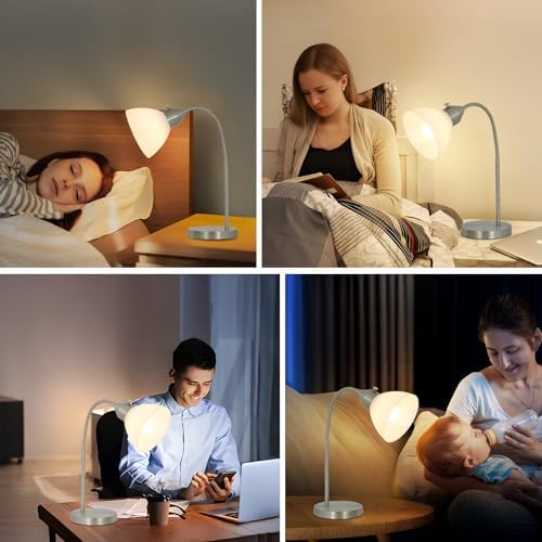 RISLG LED Desk Lamp for Home Office, 3 Levels Dimmable Reading Light, Flexible Table Lamp for Bedside Office, Rotary Switch Control, Desk Lamp for College Dorm Study Lamp, Bulb Included, Sliver