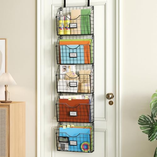 X-cosrack 5-Tier Over the Door File Organizer, Stackable Hanging Wall Files Rack with Door Hooks Wall Organizers, SVertical Wall File Storage with Tag for Office Home and Work Easy Organizing - Black