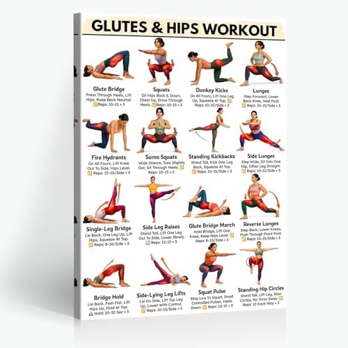 Glutes & Hips Workout Exercise Poster, 16 Illustrated Lower Body Training Moves Chart with Rep Ranges, Bodyweight Butt & Hip Tutor Guide for Home Gym Beginner Fitness Training and Glute Sculpting Reference(12x18inchs，Wrapped Framed)