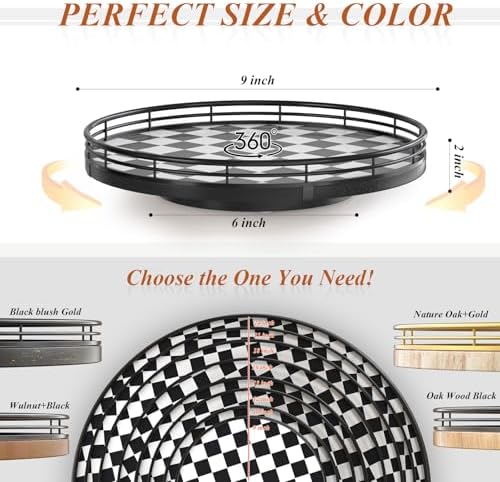 AMH 9-Inch Black and White Checkerboard Lazy Susan with Oak Base