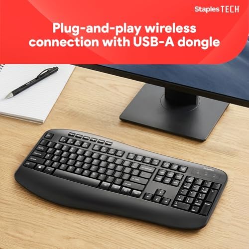 Staples TECH Wireless Comfort Keyboard, Quiet Typing, USB, Black