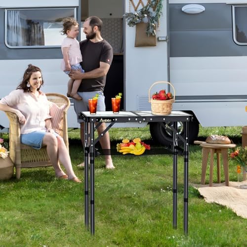 Anbte Folding Camping Table with Storage Net, 3 Adjustable Height Max 28"