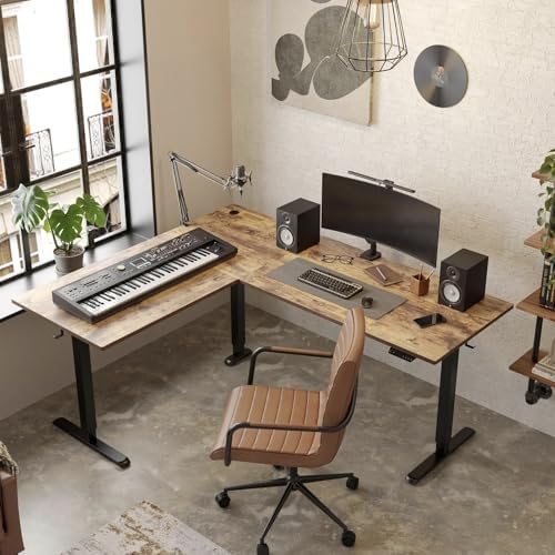 FEZIBO 63" x 48" L-Shaped Standing Desk - Adjustable Corner Desk, L-Shaped Adjustable Desk with Splice Board, Rustic-Brown