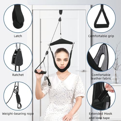 Fanwer Upgraded Neck Stretcher Cervical Neck Traction Device,Double Ratchet Neck Tension Relief Portable Over The Door Device,for Physical Therapy,Neck Pain Relief, Vertebrae Disk Herniation,Black