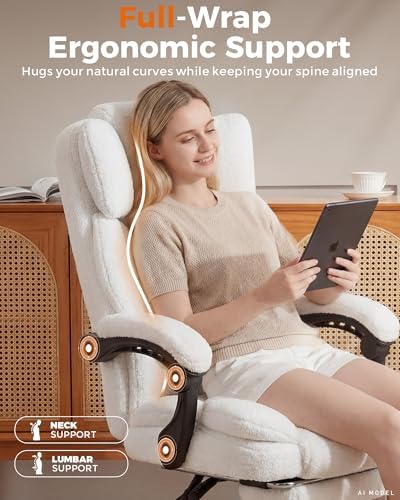 GTPLAYER Big and Tall Office Chair with Pocket Spring Cushion & Ergonomic Lumbar Support for Lower Back Pain Relief, High Back Computer Gaming Chair with Foot Rest, Comfy Teddy Fleece, White