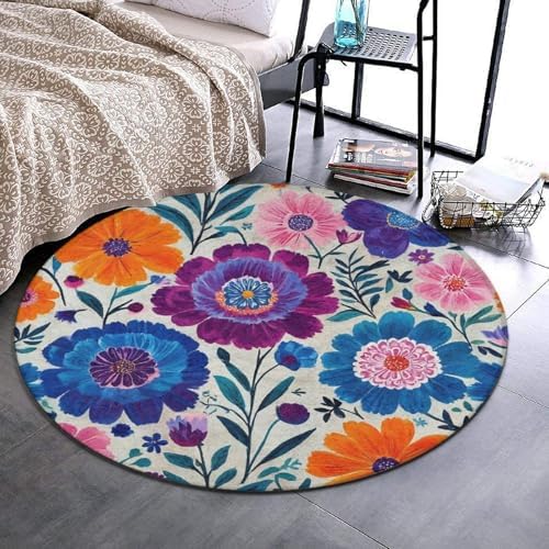 Soft Round Yoga Carpet, Office Chair Decor Round Mat for Carpet and Hardwood Floors Boho Floral Blossom