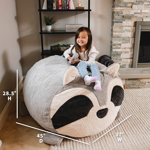 Big Joe Wild Things Foam Filled Animal Bean Bag Chair with Removable Cover, Rocky Raccoon Snugglepuff, Soft Faux Fur, 4 feet Big