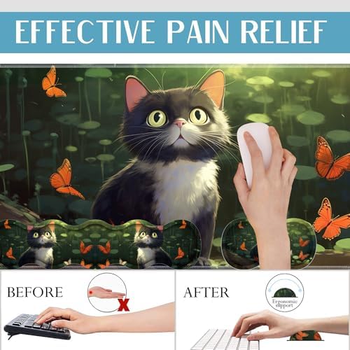 4 in 1 Mouse Pad Combo, Large Gaming Mouse Pad + Keyboard Wrist Support + Mouse Wrist Rest + Coaster, Table Pad with Stitched Edge Ergonomic Wrist Pad Set, Butterfly and Cat