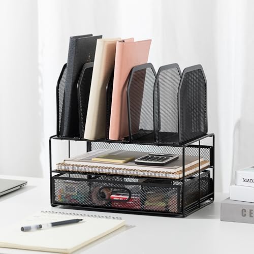 Amazon Basics Mesh Desk Organizer with Sliding Drawer, Double Tray and 5 Upright Sections, File Holder for Office Supplies, Paper Letter Tray, Black