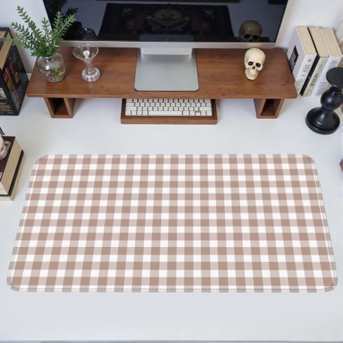 Brown Checkered Gingham Desk Mat Pad XXL Large Mouse Pad Anti-Slip Big Mousepad with Stitched Edges Computer Mouse Pads for Desktop Decor Cute Office Desk Accessories