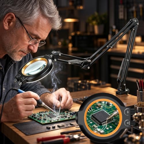 12X Magnifying Glass with Light and Stand Hands Free, Long Swing Arm Lighted Magnifier Lamp for Close Work, Dimmable Desk Magnifying Light with Clamp for Soldering Craft Jewelry Bench Sewing
