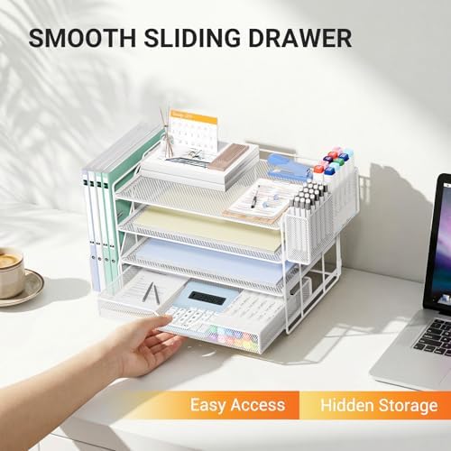 4-Tier Desk File Organizer with Drawer & Pen Holder (White)