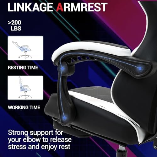 Gaming Chair with Footrest for Adults - PU Leather Video Game Chair w/Massage Lumbar Support for Men Women, Ernogomic Computer Gamer Chair for Home Office, Height Adjustable, White