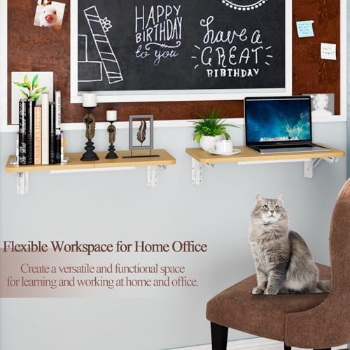 TEAMIX Wall Mounted Folding Table, Floating Desk for Small Spaces, Maple