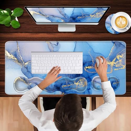 Keyboard Wrist Rest and Mouse Pad with Wrist Support Set Ergonomic Coaster,Memory Foam,Easy Typing Pain Relief,Large XL Desk Mat 31.5"x 11.8",Marble Texture