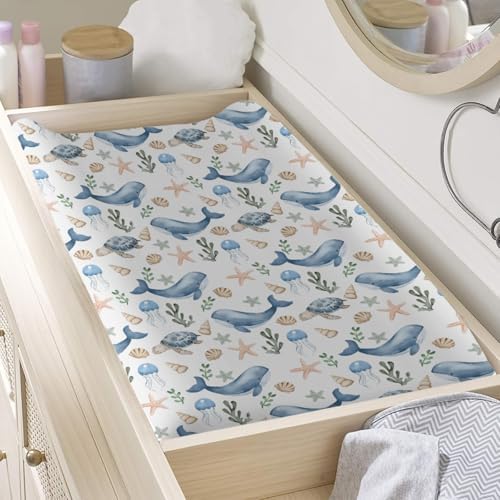 Watercolor Ocean Whale Sea Turtle Starfish Seashells Pattern Baby Changing Pad Cover, Unisex Sea Animal Nursery Diaper Changing Table Pad Mat Sheet for Boys Girls-16x32