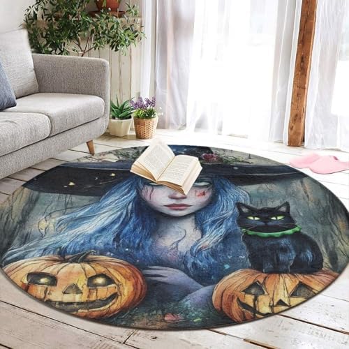 Large Round Area Rug Home Decor Modern Bathroom Rug Kitchen Office Circle Rug for Living Room Sofa Circle Cute Mat Halloween Pumpkin Black Cat Magic Witch Painting, 60inch